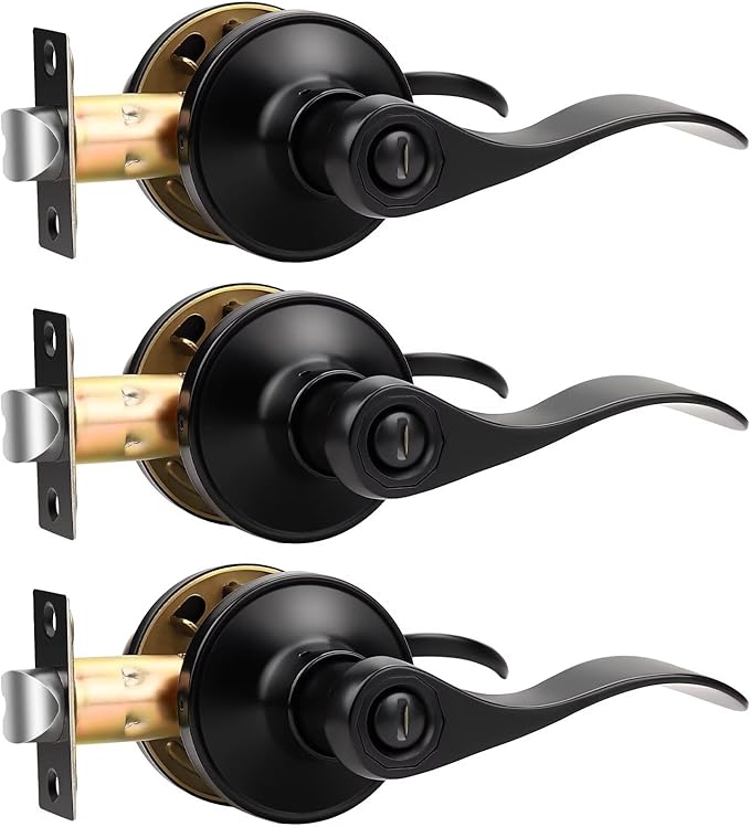 Knobonly 3 Pack Matte Black Privacy Door Levers Interior Door Handles for Bedroom and Bathroom Door Knobs Keyless Privacy Door Handles with Lock, Zinc Alloy Reversible for Right/Left