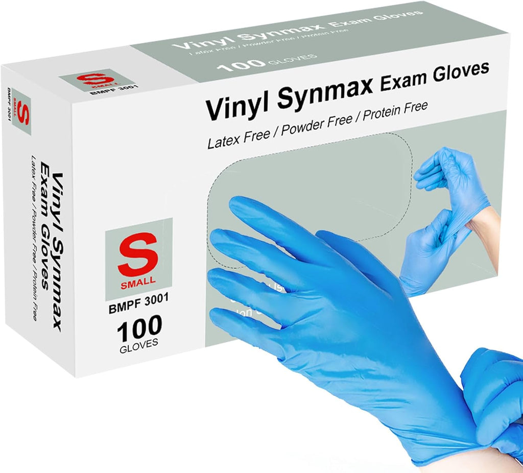 squish Disposable Gloves, Blue 4 mil Vinyl Synmax Exam Gloves Non Sterile, Powder Free, Latex Free - Cleaning Supplies, Kitchen and Food Safe(Pack of 100) (Blue Small)