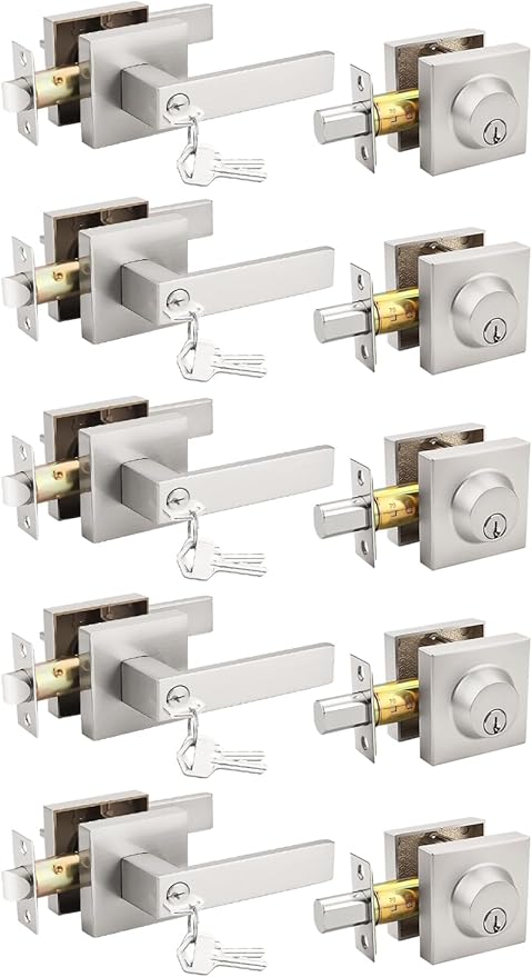 5 Pack Brushed Nickel Keyed Alike Front/Exterior Door Levers with Single Cylinder Deadbolt, Square Entry Door Knob Lock Sets with Deadbolt Combination Sets, for Entrance/Front and Office Doors