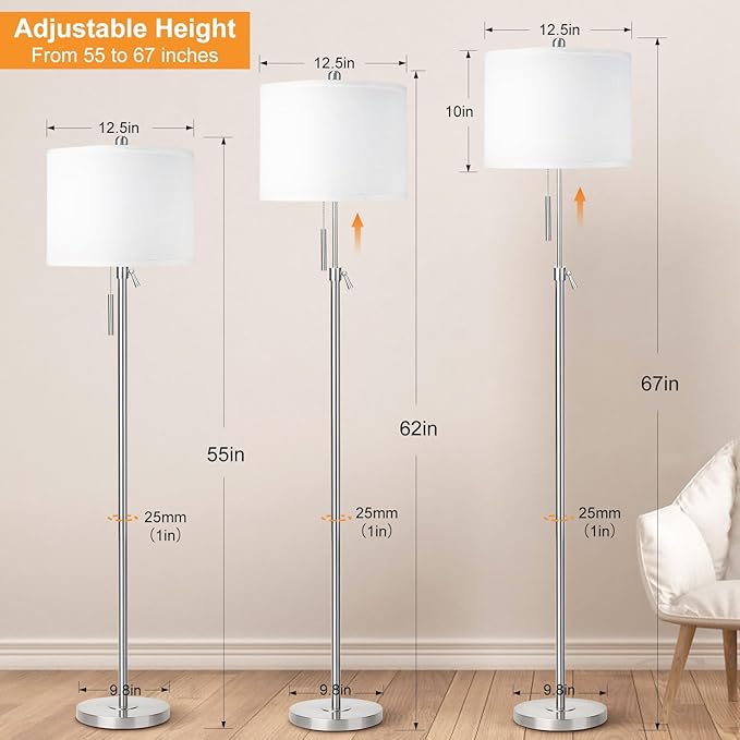 Brushed Nickel Floor Lamp for Living Room, Adjustable Height Standing Lamp with Metal Base, 3-Way Dimmable Tall Pole Light with White Linen Shade for Bedroom, Pull Chain Switch, 6W LED Bulb Included
