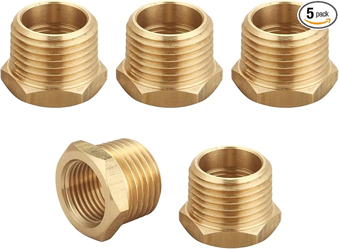Brass Pipe Fitting Reducer Hex Bushing 3/4" NPT Male x 1/2" NPT Female Thread Reducer Hose Tube Atapter, Thread 1" OD to 0.75" ID, (5 Piece)