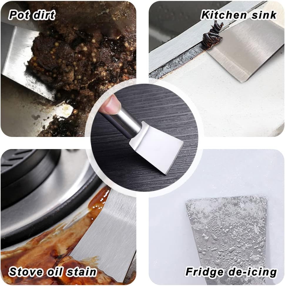 Kitchen Stove Cleaning Brush + Scraper Tool Set, Brass Wire Brushes for Range Hood Grease Grime, Rust Cleaner Heavy Duty Stainless Steel Putty Scraper for Gas Burners Cooktop Pot Pan