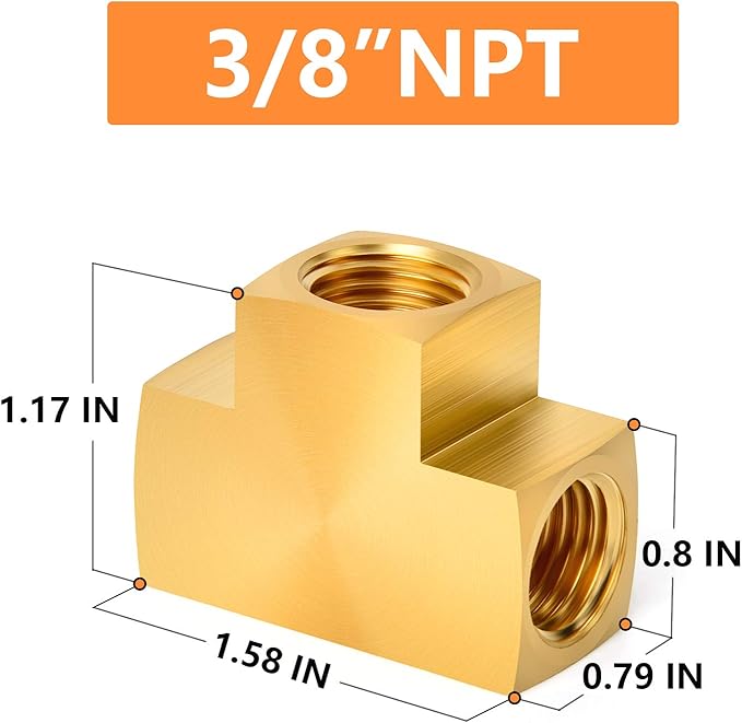 GASHER 1 Pcs Brass Barstock Tee, 3/8" x 3/8" x 3/8" NPT Female Pipe Fittings
