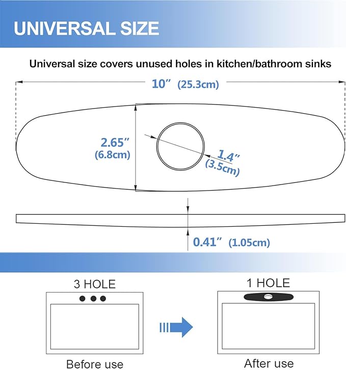 10 inch Faucet Hole Cover Plate, Brushed Chrome 304 Stainless Steel Escutcheon Deck Plate to Convert 3-Hole Sink to Single Hole Faucet, No-Leak Design