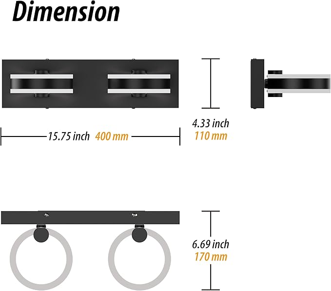 LED Bathroom Light Fixtures,15inch Black Vanity Lights, Modern 2 Light Acrylic Wall Sconces, 350° Rotatable Wall Lighting Fixture Over Mirror