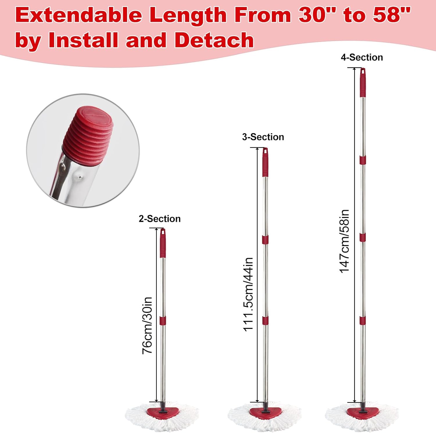 Mop Handle for Ocedar, Mop Handle for O Cedar, Spin Mop Replacement Handle for O Cedar, 4 Section 30" to 58" Mop Handles for Ocedar Spin Mop & H2pro Flat Mop, Mop Stick Mop Pole Handle for Ocedar Mop