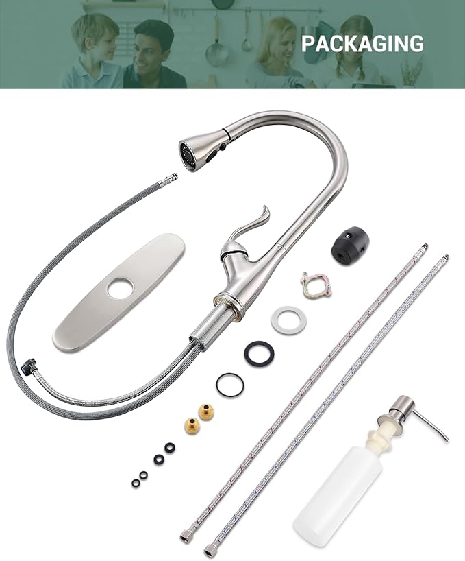 APPASO Patented Kitchen Faucet with Pull Down Sprayer and Soap Dispenser - Single Handle Stainless Steel Brushed Nickel High Arc Pull Out Kitchen Sink Faucets with Deck Plate