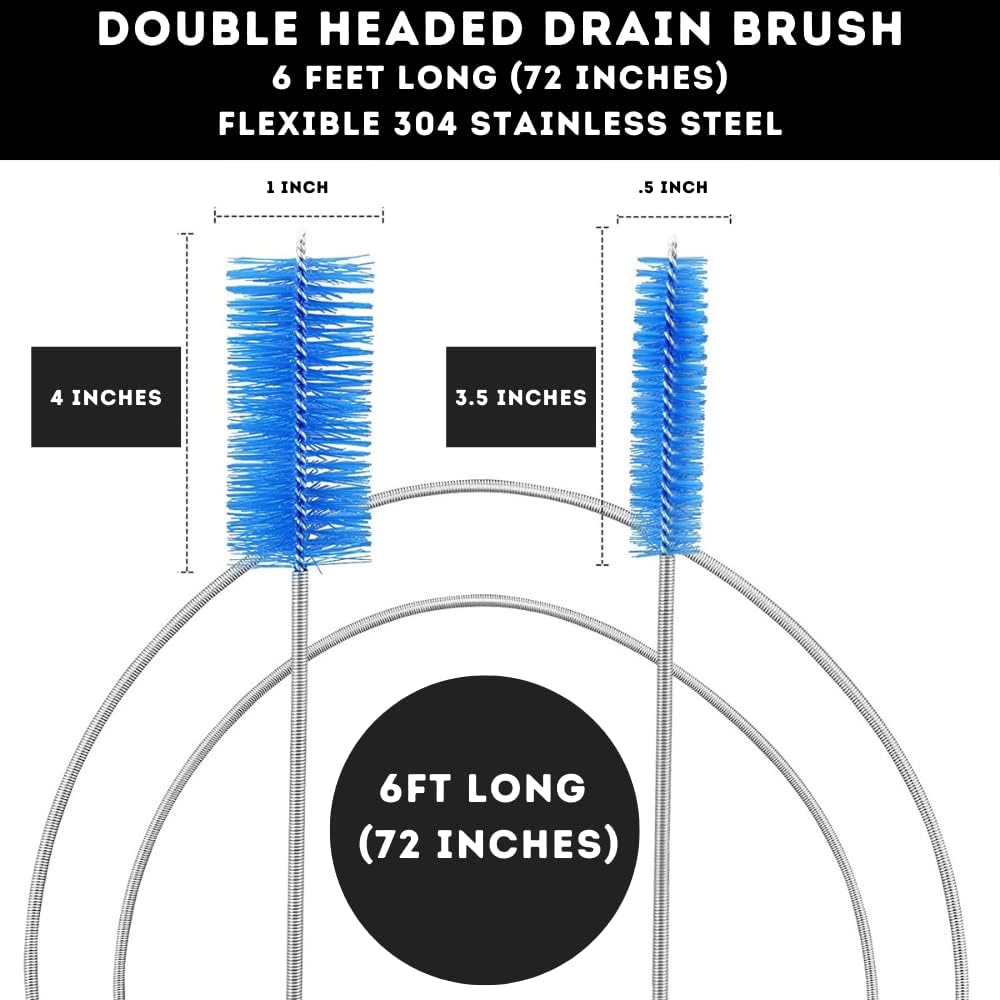 Flexible Drain Cleaning Brush (72" Long) for Drains, Bottles, Bathroom Sink, Bathtub, Shower, and Kitchen Sink, Heavy-Duty Double Ended Nylon with Elastic Hose, Bathroom Essentials, Blue