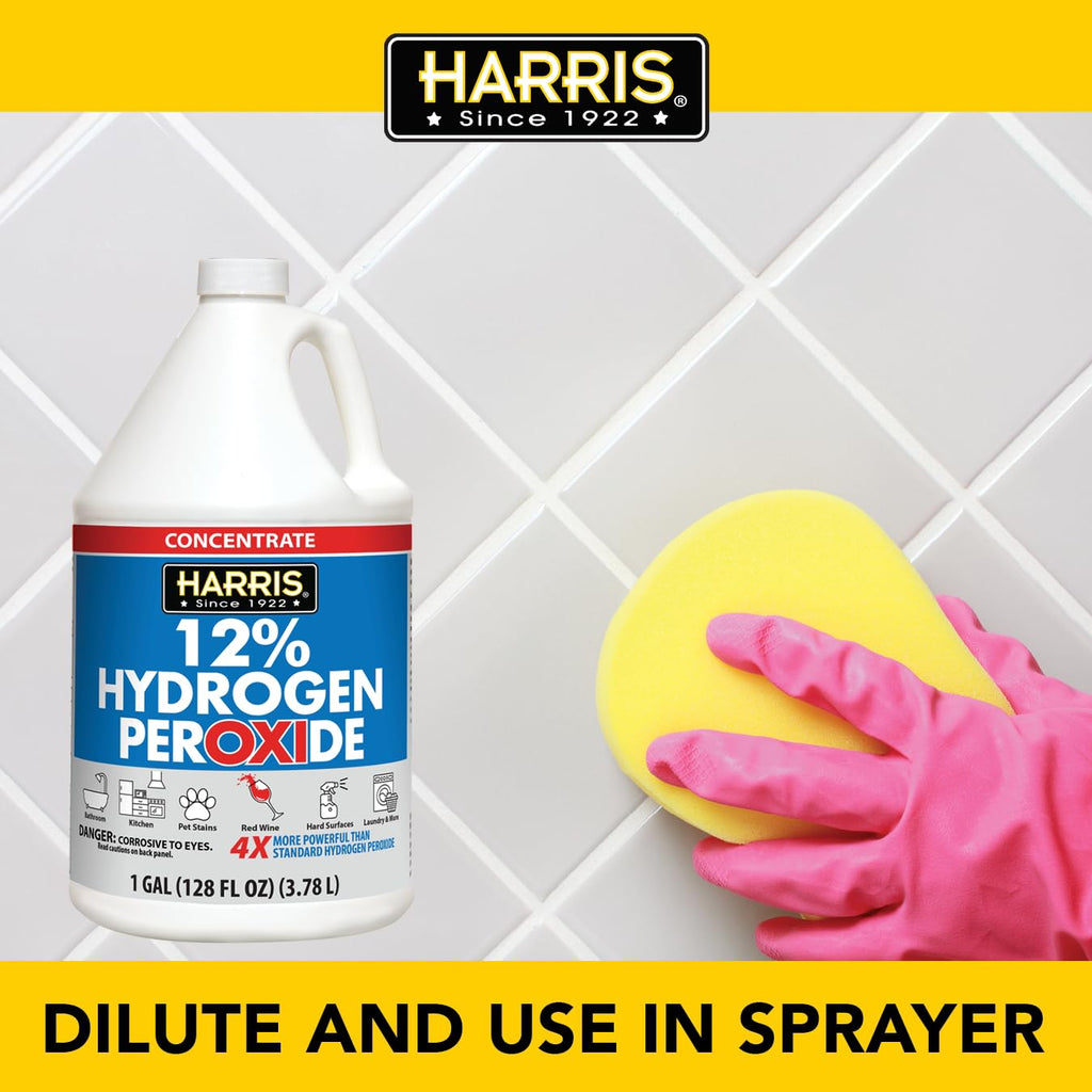 HARRIS 12% Concentrated Hydrogen Peroxide, 128oz, for Kitchen, Bath, Laundry, Home and Garden with Easy Fill Funnel