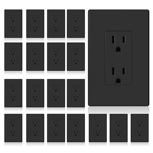 ELEGRP Matte Black Standard Decorator Electrical Wall Receptacle Outlet, 15A 125V, 2 Pole 3 Wire, Non-Tamper Resistant, NEMA 5-15R, Self-Grounding, Mid Wall Plate Included, UL Listed (20 Pack)