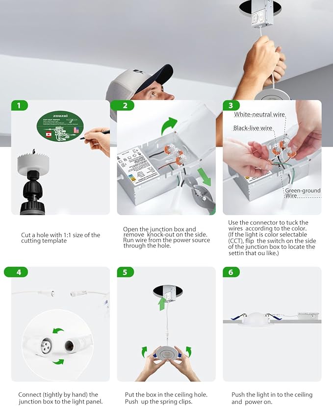 zouzai 3 Inch 5CCT Gimbal Led Recessed Lighting with Junction Box, 2700K/3000K/3500K/4000K/5000K Selectable, 7W Eqv 80W, 360°+90° Adjustable Recessed Lights, 798LM Brightness - ETL (White, 1 Pack)