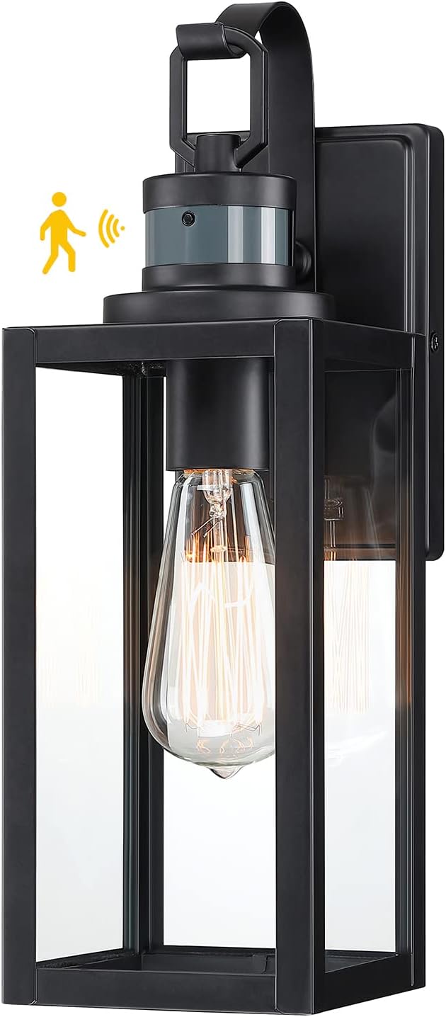 Pia Ricco Motion Sensor Outdoor Wall Lantern, Dusk to Dawn Lighting Sconce, Modern Matte Black Exterior Light Fixture, Waterproof Mount Porch Lights With Clear Glass for Garage, ETL Listed