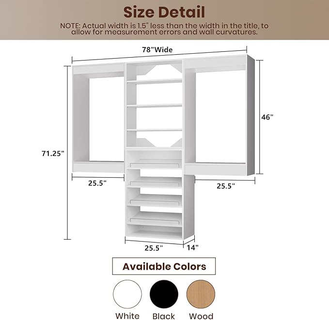 ROOMTEC Modular Closet System, 78" Wall Mounted Closet Organizer with Hanging Rods and Shoe Shelf, Wooden Tower for Walk-In Closets, Wardrobe Storage Kit, White