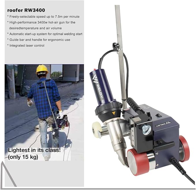 Weldy roofer RW3400 Automatic Hot Wedge Welder Welding Machine Overlap Welder Roof Water Proofing 3500W Hot Air Welding Machine for PVC TPO Membrane Welding Roof Truck Tarpaulin Advertising Banner