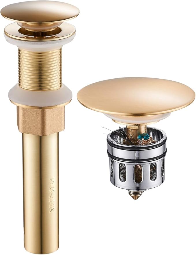 Brushed Brass Pop Up Sink Drain Without Overflow, Bathroom Faucet Vessel Sink Drain Stopper,Anti-Explosion and Anti-Clogging Drain Strainer, RWF082L…