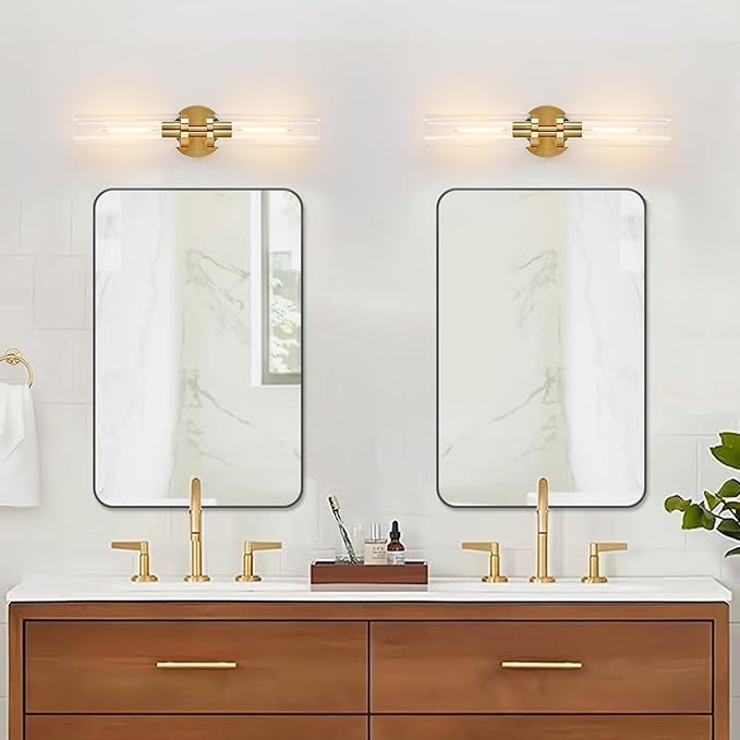 Wall Sconces Set of Two, Hardwired Brushed Gold Bathroom Sconces Wall Lighting with Clear Glass, Modern Sconces Wall Decor Set of 2 Bathroom Light fixtures for Mirror Hallway (Bulbs Not Included)