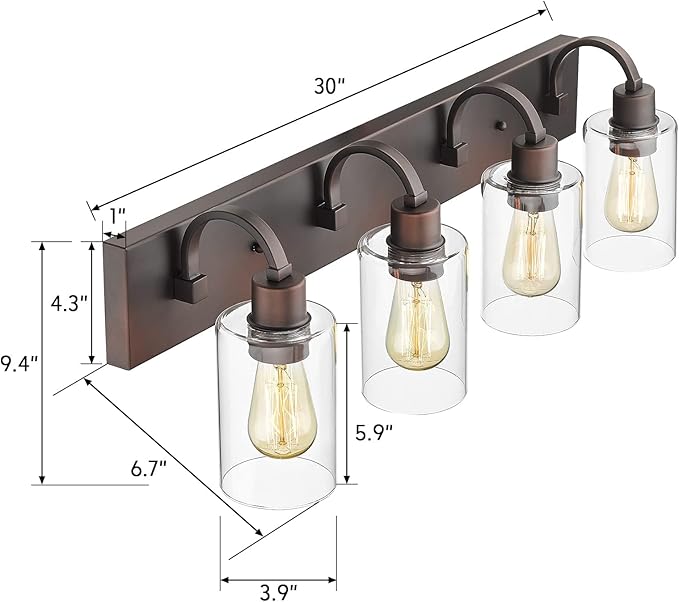 Emliviar 4-Light Bathroom Vanity Light - Farmhouse Bathroom Wall Lighting, Oil Rubbed Bronze Finish with Clear Glass, YCE237B-4W ORB