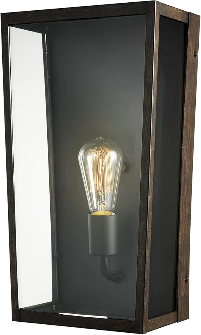 GLOBE Electric 44788 Greer 1-Light Outdoor Wall Sconce, Matte Black, Faux Wood Accents, Clear Glass Shade
