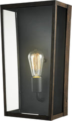 GLOBE Electric 44788 Greer 1-Light Outdoor Wall Sconce, Matte Black, Faux Wood Accents, Clear Glass Shade