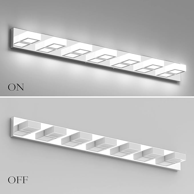 Ralbay 46" Modern LED Chrome Vanity Lights 7 Lights Acrylic Stainless Steel LED Vanity Light Fixtures Chrome Bathroom Lighting Over Mirror