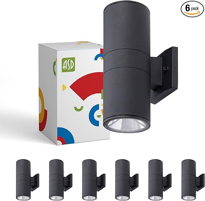 ASD 2 Light Outdoor Wall Light Fixture | 120W E26 Bulb Socket 120V ETL Cylinder Up Down Lights | LED/CFL/Incandescent Bulb Exterior Wall Sconce | Front Door, Porch, Patio Lighting | Black, 6 Pack