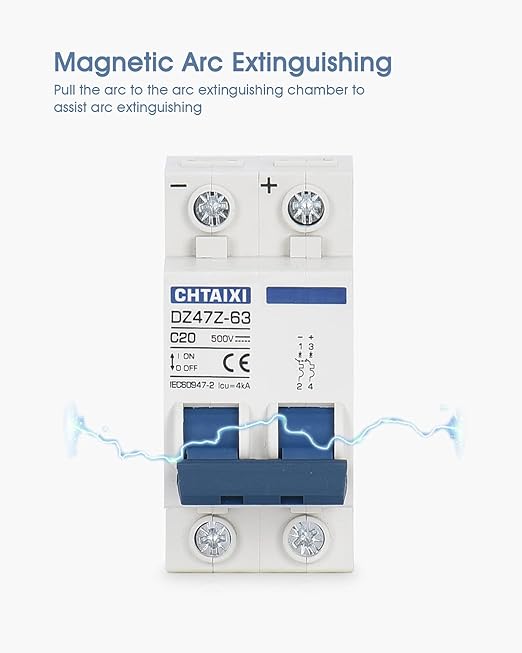 DC Miniature Circuit Breaker, 2 Pole 500V 20 Amp Isolator for Solar PV System, Thermal Magnetic Trip, DIN Rail Mount, Chtaixi DC Disconnect Switch C20