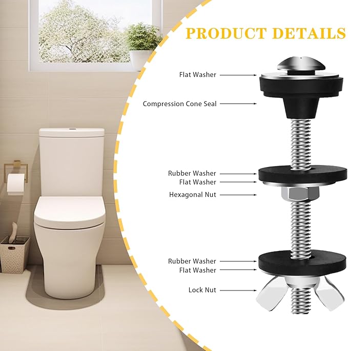 4PCS Universal Toilet Seat Bolts Kit, Heavy Duty Toilet Tank Bolts Replacement, Waterproof Stainless Steel Toilet Seat Screws and Rubber Washers Gaskets with Extra Long Nut