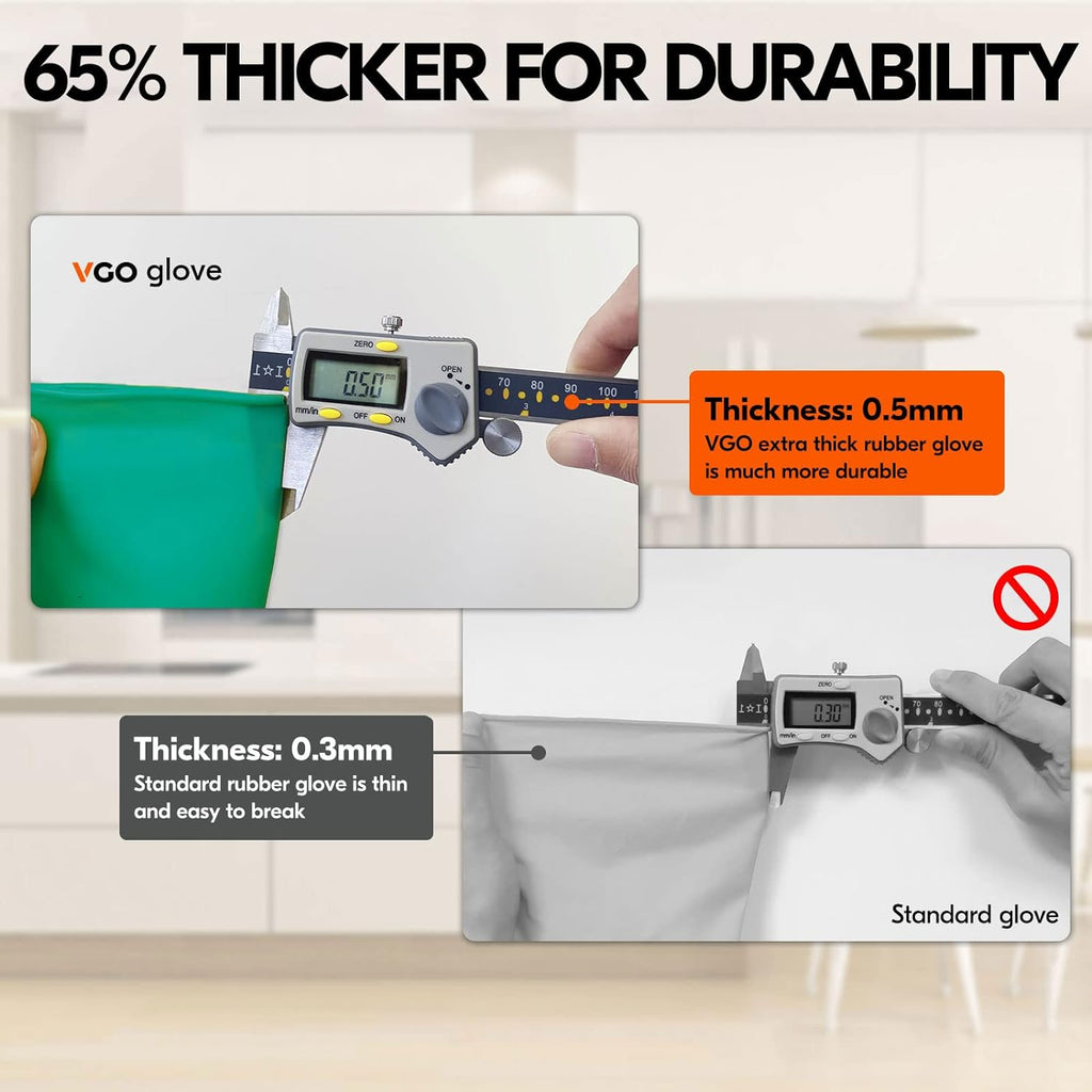 Vgo... 1-Pair Reusable Household Gloves, Rubber Dishwashing gloves, Extra Thickness, Long Sleeves, Kitchen Cleaning, Working, Painting, Gardening, Pet Care (Size L, Green, HH4601)