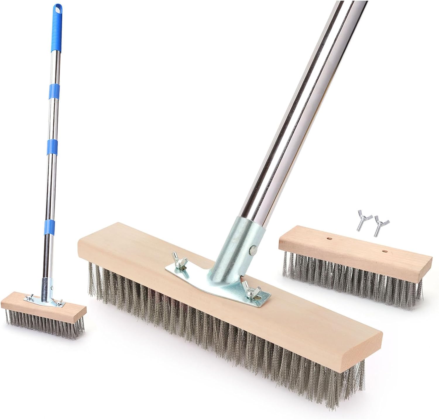 Stainless Steel Wire Scrub Brush with 63" Long Handle, 2PCS 12" Brush Heads, Heavy Duty Large Wire Brush, Stiff Metal Bristle Floor Scrubber, Patio Floor Cleaning, Wire Broom for Concrete, Deck, Moss
