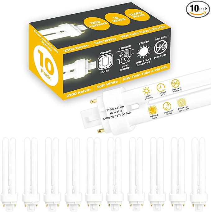 GoodBulb 18 Watt CFL Light Bulbs 4 Pin G24Q-2 Base 2700K Soft White 18W High Output 1200 Lumens Double Tube Compact Fluorescent Light Bulbs Plug-in 10 Pack