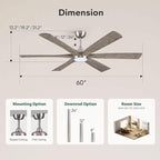 60" Indoor Outdoor Ceiling Fan with Light Remote - 6 Solid Wood Blades, High CFM Quiet Reversible Energy Efficient DC Motor, 6/12/24" Down-rod, Damp-rated for Patios Porch Gazebo Garage, Modern Gray