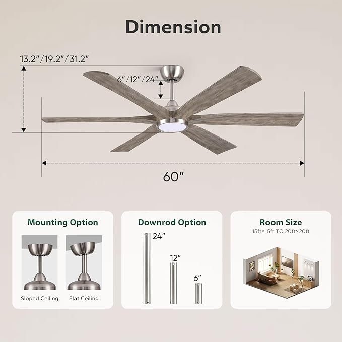 60" Indoor Outdoor Ceiling Fan with Light Remote - 6 Solid Wood Blades, High CFM Quiet Reversible Energy Efficient DC Motor, 6/12/24" Down-rod, Damp-rated for Patios Porch Gazebo Garage, Modern Gray