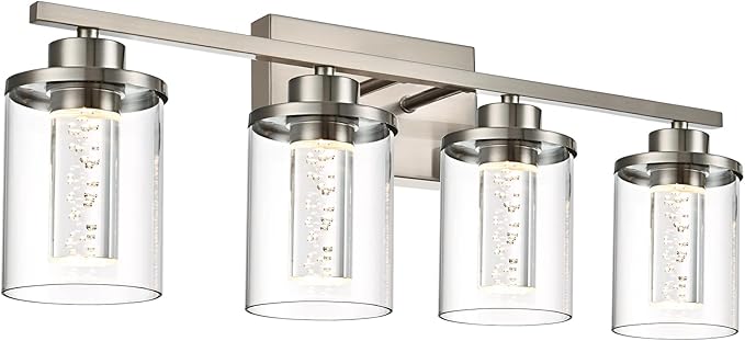 4-Light Modern Bathroom Light Fixtures Over Mirror,Brushed Nickel Led Vanity Lighting Fixtures with 5CCT Dimmable LEDs,Clear Glass Shades &Wall Sconces Lighting Design for Bedroom,Livingroom