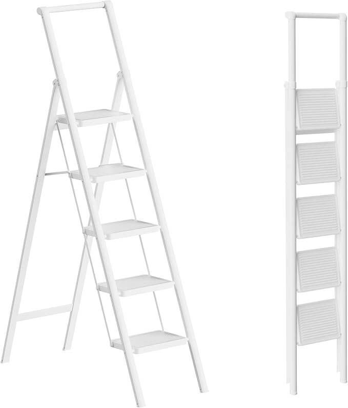 GameGem 5 Step Ladder for 10 Feet High Ceiling, Folding Step Stool Stepladders with Anti-Slip and Wide Pedal for Home and Kitchen Use Space Saving (White)
