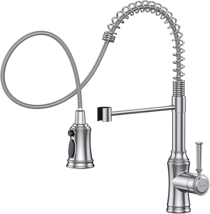 Kitchen Faucet with Pull Down Sprayer, Hurran Commercial Stainless Steel Kithcen Faucets, Single Handle Spring Faucets for Kitchen Sink, Sink Faucet for Farmhouse Wet Bar or RV, Brushed Nickel