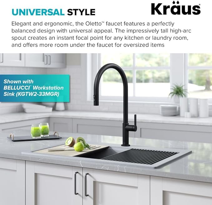 KRAUS Oletto High-Arc Single Handle Pull-Down Kitchen Faucet in Matte Black, KPF-2821MB