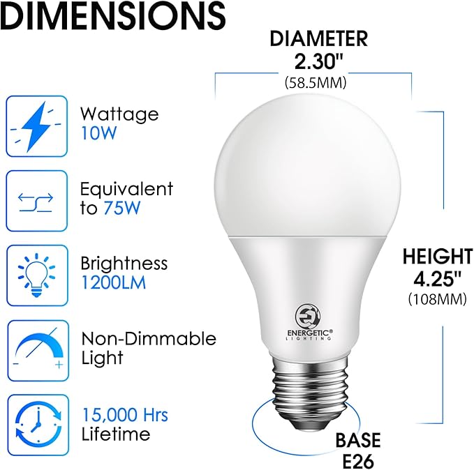 Energetic 75W Equivalent A19 LED Light Bulb, 4000K Cool White, Non-Dimmable LED Light Bulb, 1200lm, UL Listed, E26 Medium Base, 12-Pack