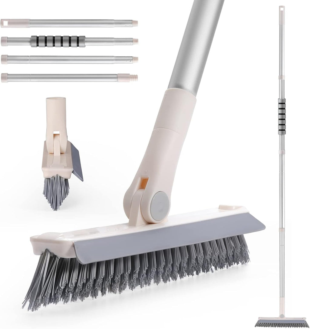 Grout Brush with Long Handle, 2 in 1 V-Shaped Floor Scrub Brush for Cleaning, Bathroom, Garage, Wall, Patio, and Tile, Stiff Bristle Brush with 54'' Telescopic Handle