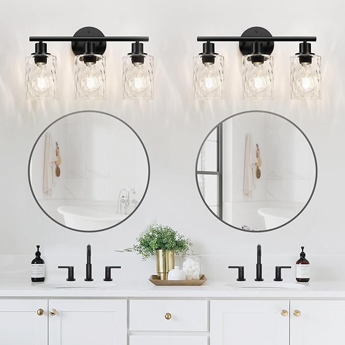3-Light Bathroom Light Fixtures, Black Modern Vanity Lights with Clear Glass Shade, Bathroom Wall Lamp for Mirror Kitchen Living Room Hallway Cabinet Porch