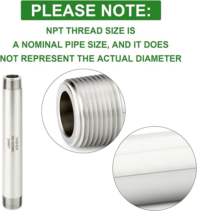 TAISHER 2PCS Stainless Steel Pipe Fittings, 3/4" NPT Male x 3/4" NPT Male Threaded, 12" Length Thickened Nipple Cast Pipe