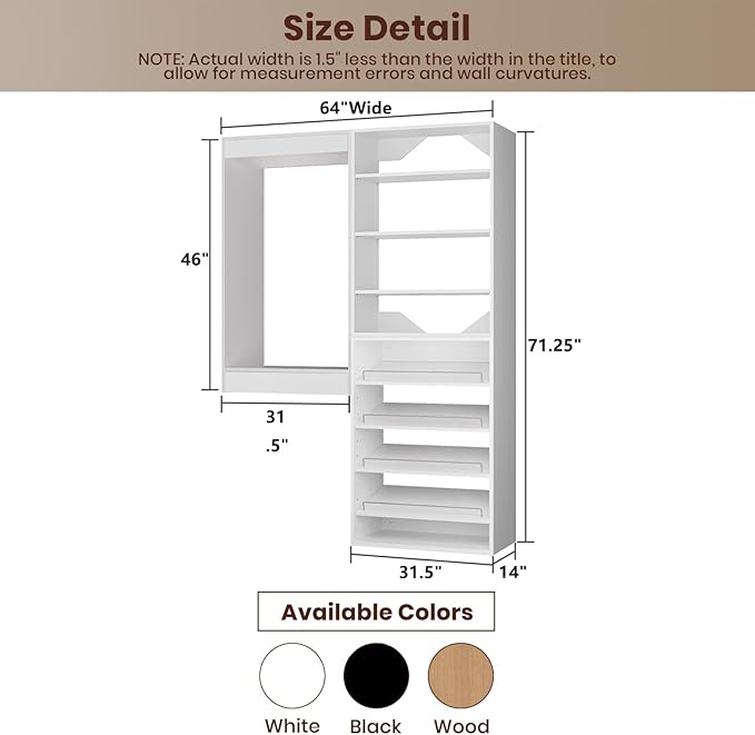 ROOMTEC Modular Closet System, 64" Wall Mounted Closet Organizer with Hanging Rods and Shoe Shelf, Wooden Tower for Walk-In Closets, Wardrobe Storage Kit, White