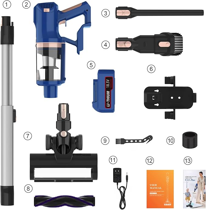 Cordless Vacuum Cleaner for Home, 45Kpa 300W 60Mins Stick Vacuum Cleaner with Touch Screen, 8-in-1 Rechargeable Battery Cordless Vacuum, LED Lightweight Vacuum for Pet Hair Carpet Hardwood Floors