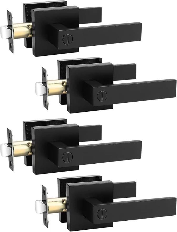4 Pack Square Privacy Door Levers Locksets in Matte Black Finish, Bed/Bath Door Levers Keyless Interior Handles,Reversible for Left Right Handed Doors