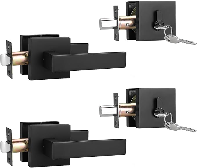 2 Pack Keyed Entry Door Lock with Deadbolt Set, Reversible Passage Lever and Keyed Alike Double Cylinder Deadbolt, Matte Black Square Handleset for Bedroom, Front Door