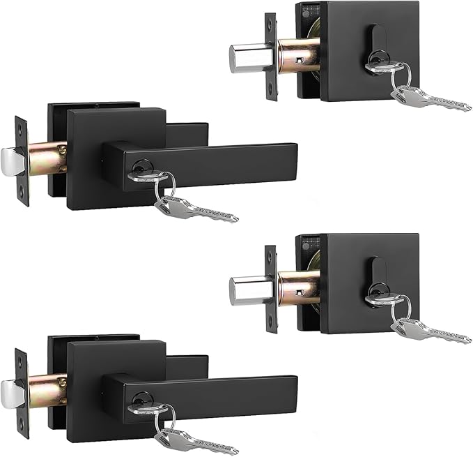 2 Pack Keyed Entry Door Lever and Single Cylinder Deadbolt Set, Keyed Alike Reversible Lockset, Matte Black Square Interior/Exterior Handleset for Bedroom, Front Door