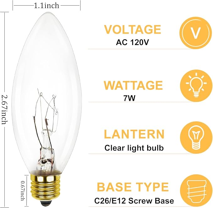 25 Pack Candle Light Bulbs, C26 Clear Torpedo Tip Candelabra Replacement Bulbs, 7 Watt Night Light Bulbs for Chandeliers, Electric Candle Lamp, C7/E12 Base