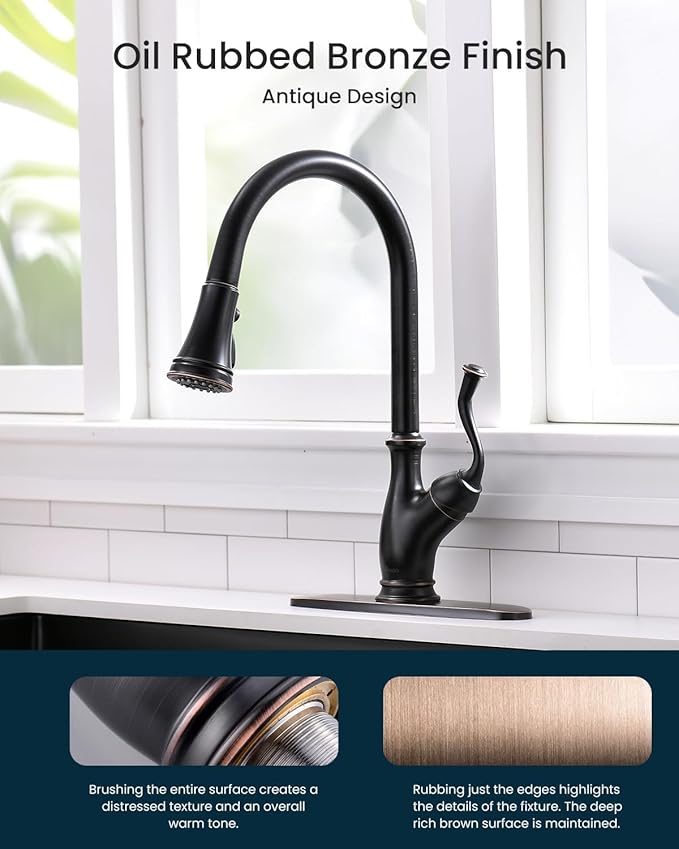 APPASO Oil Rubbed Bronze Kitchen Faucet with Soap Dispenser, Stainless Steel Kitchen Faucet with Pull Down Sprayer 3-Function High Arc Single Handle Bronze Kitchen Sink Faucet