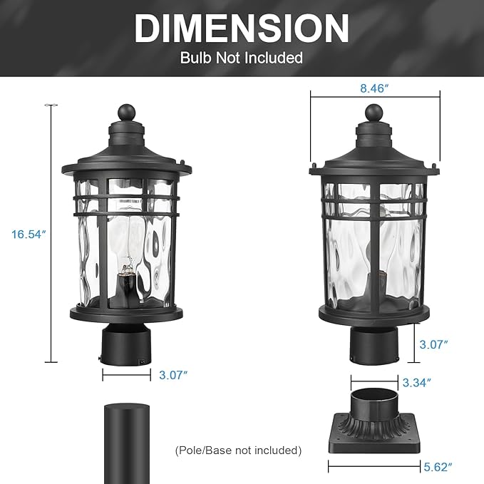 Darkaway Large Outdoor Post Lights Lamp Posts Outdoor Lighting, 17inch Aluminum Post Lights Outdoor Light Fixtures with Water Ripple Glass, Pole Light for Outside Patio Yard Garden