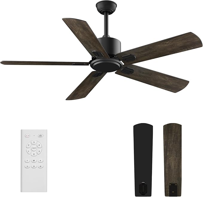 52 Inch Ceiling Fan No Light - Outdoor Indoor Flush Mount Low Profile DC Motor Fan with Remote, 5 Blades Reversible Silent Fan for Patio, Bedroom, Living Room, Garage, Brown