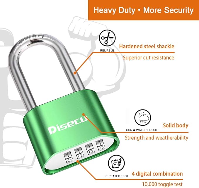 1 Pack disecu Heavy Duty 4 Digit Combination Lock, 2.5 Inch Long Shackle Outdoor Waterproof Padlock for School Gym Locker, Storage Unit, Fence, Gate, Toolbox (Green)